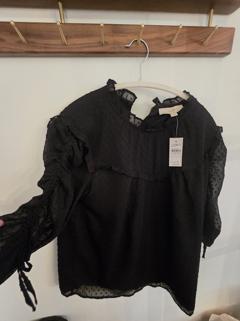LOFT Black Swiss Dot Ruffle Shoulder Blouse